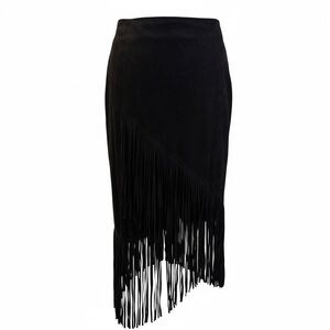 Black Fringe Faux Suede Skirt - Women